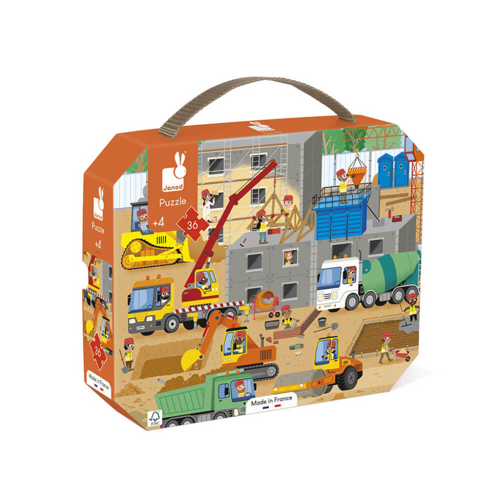 Janod Puzzle Na stavbe v kufríku 36 ks - Poškodená krabica