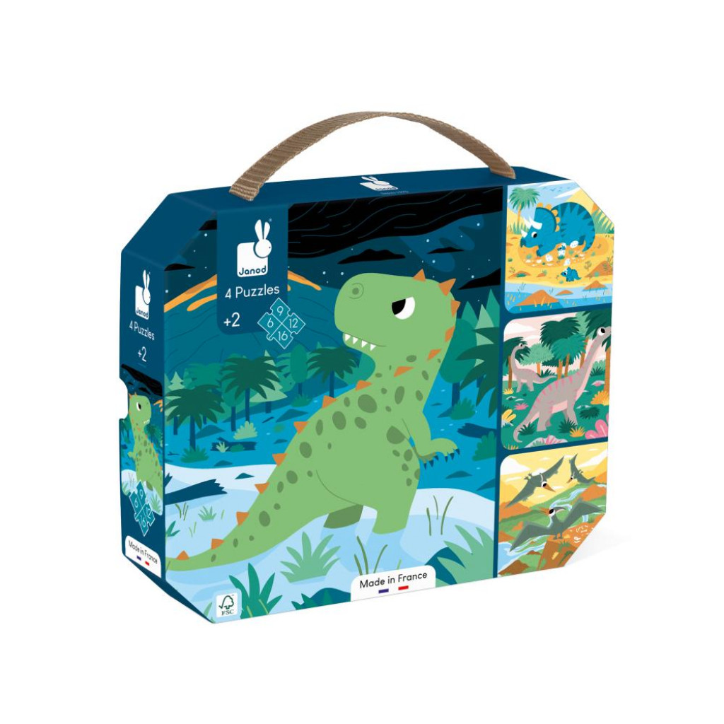 Janod Puzzle v kufríku 4v1 Dinosaury 6-9-12-16 ks - Poškodená krabica
