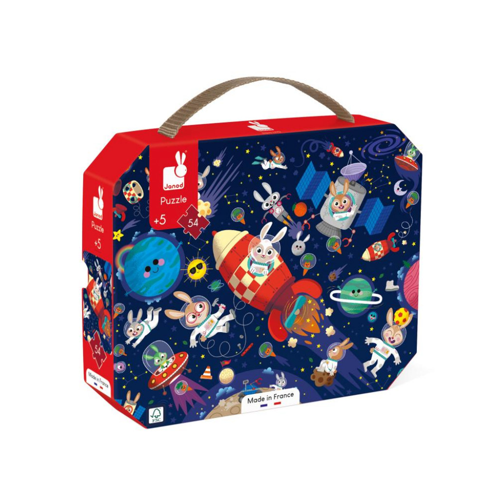 Janod Puzzle v kufríku Raketa vo vesmíre 54 ks - Poškodená krabica