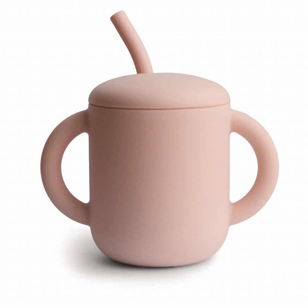Mushie Silikónový tréningový pohárik so slamkou mushie - blush