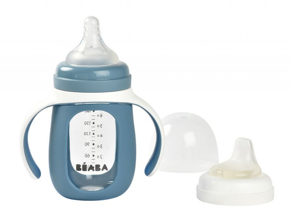 Beaba Dojčenská fľaša sklenená 2v1 210ml so silikónovou ochranou Blue
