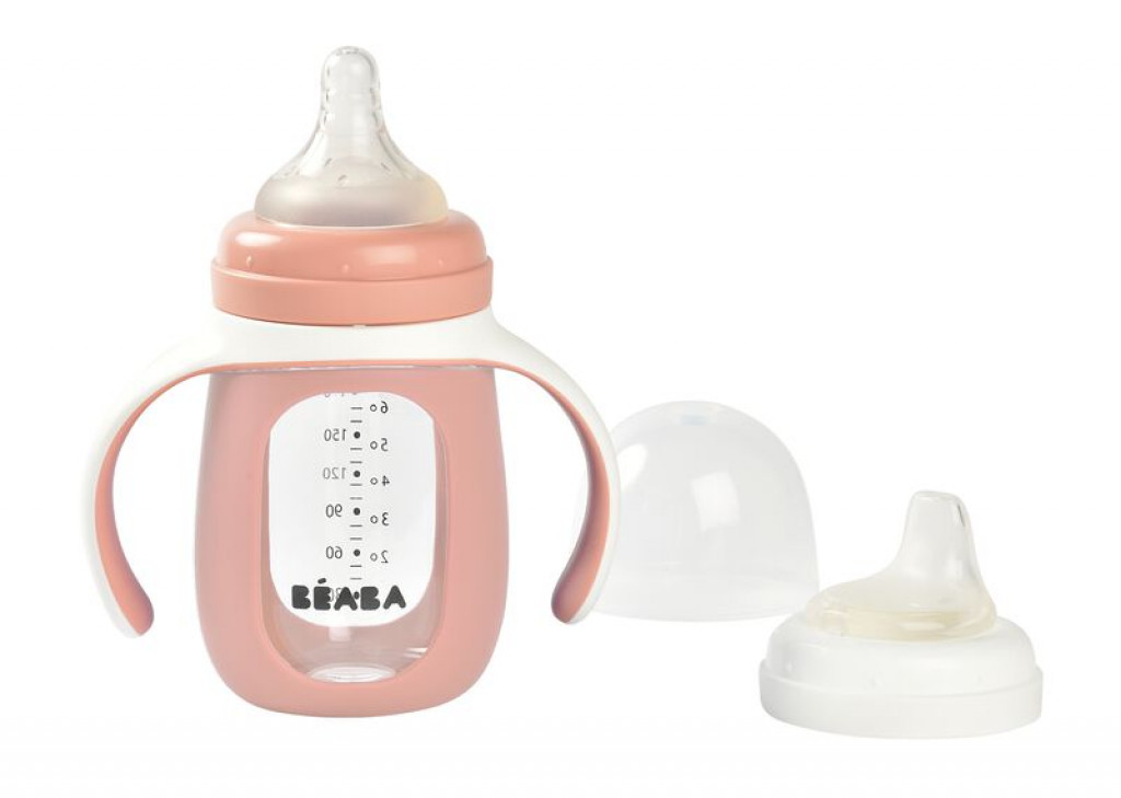 Beaba Dojčenská fľaša sklenená 2v1 210ml so silikónovou ochranou Pink