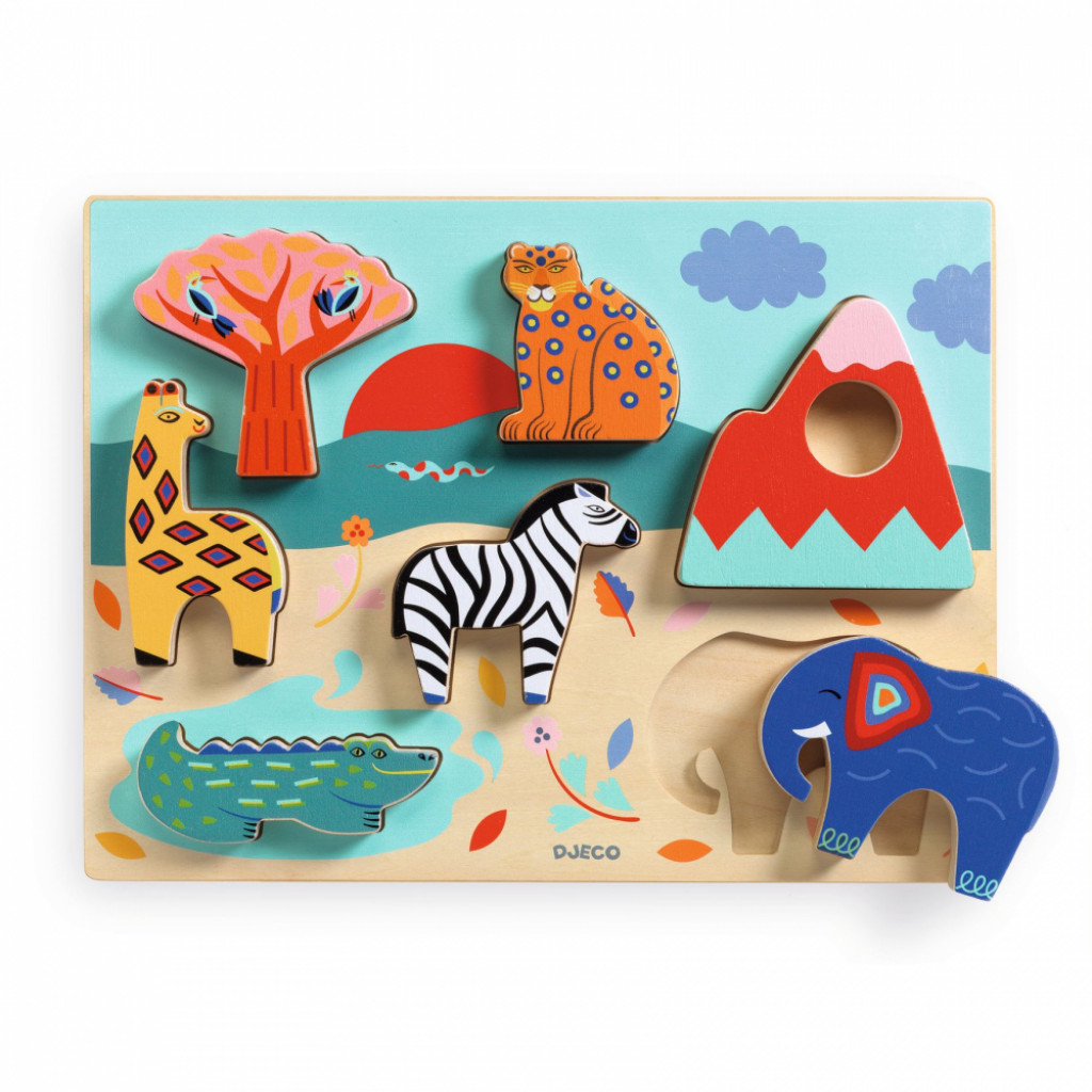 DJECO Príbeh zo savany: Puzzle drevené reliéfne vkladacie