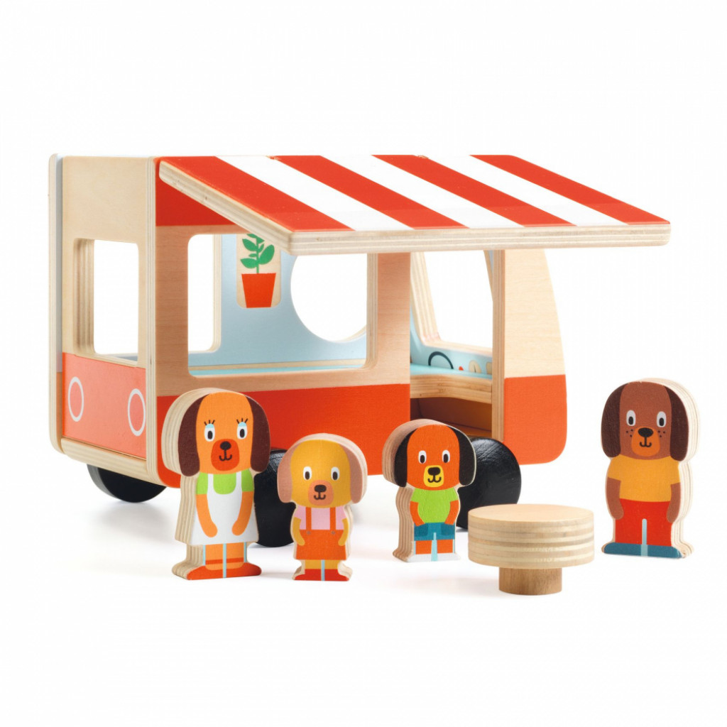 DJECO Minicombi: karavan mini drevený; vyklápacia strecha, 4 figúrky, stolík (Baby color)