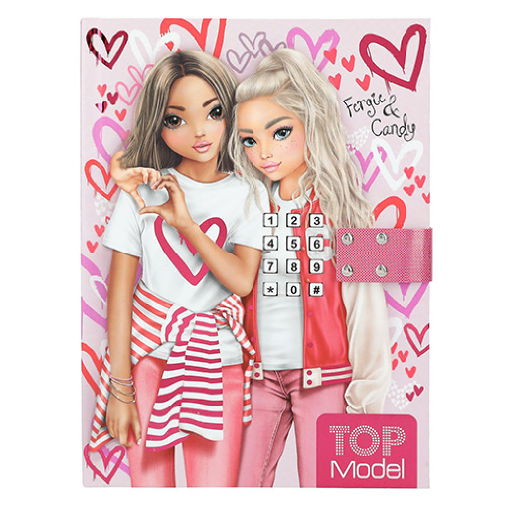 Top Model Diár na kód - ružový, so vzorom sŕdc, Fergie + Candy