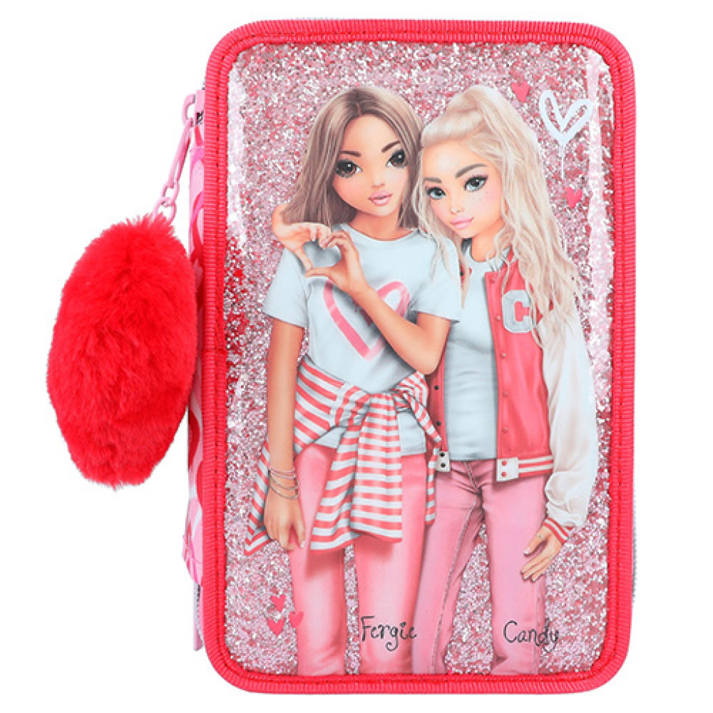 Top Model Peračník trojposchodový s výbavou - Fergie + Candy, ružový so vzorom sŕdc a flitrami, 