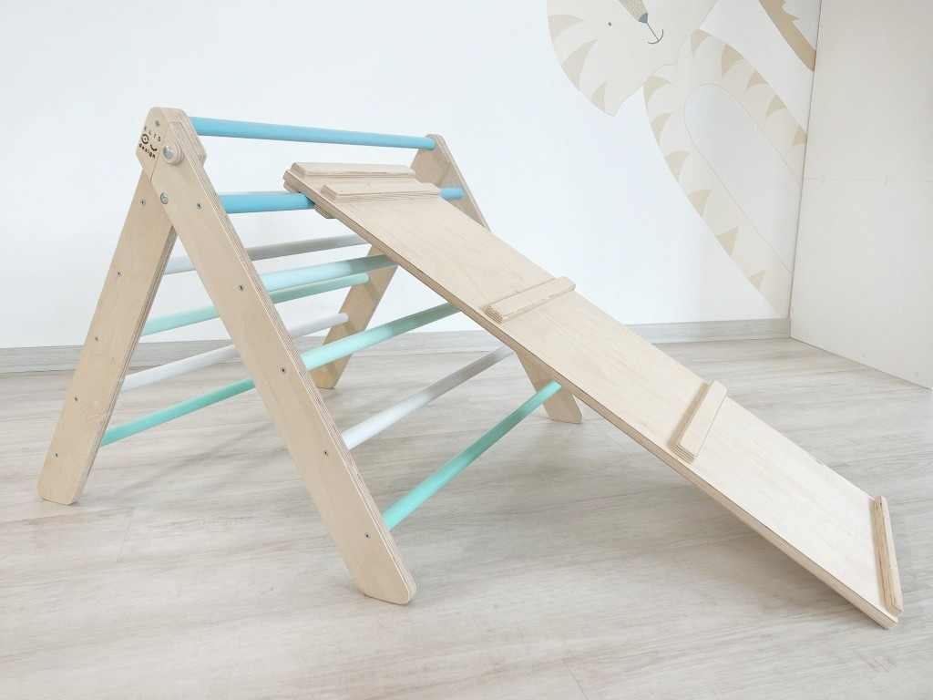Elis design Montessori Piklerovej trojuholník light + doska 2v1 variant: natur okraje, modré priečky