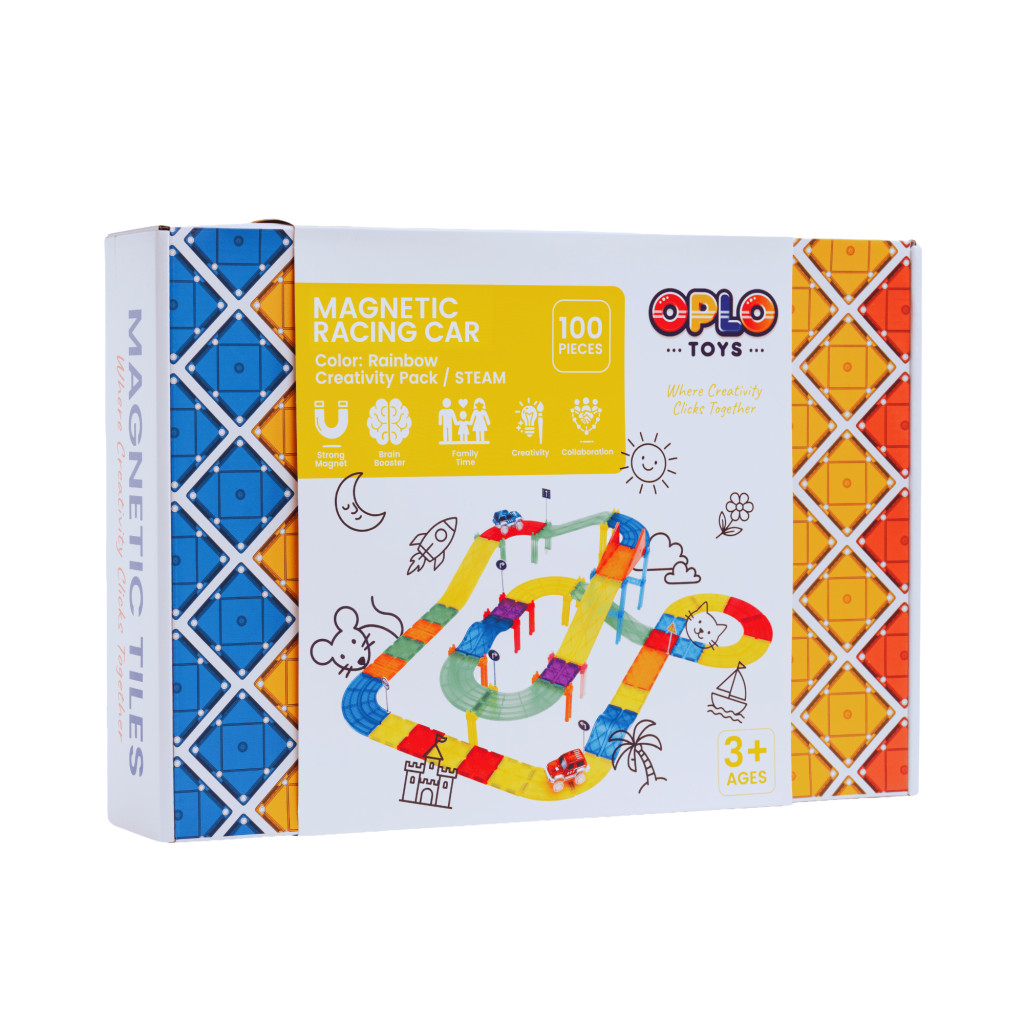 Oplo Magnetická závodná dráha Oplo Toys - Rainbow 100 KS