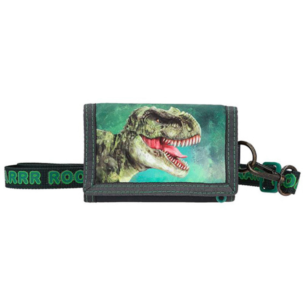 Dino World Peňaženka so závesom na krk, Detail hlavy T-Rexa, zelená mračná v pozadí