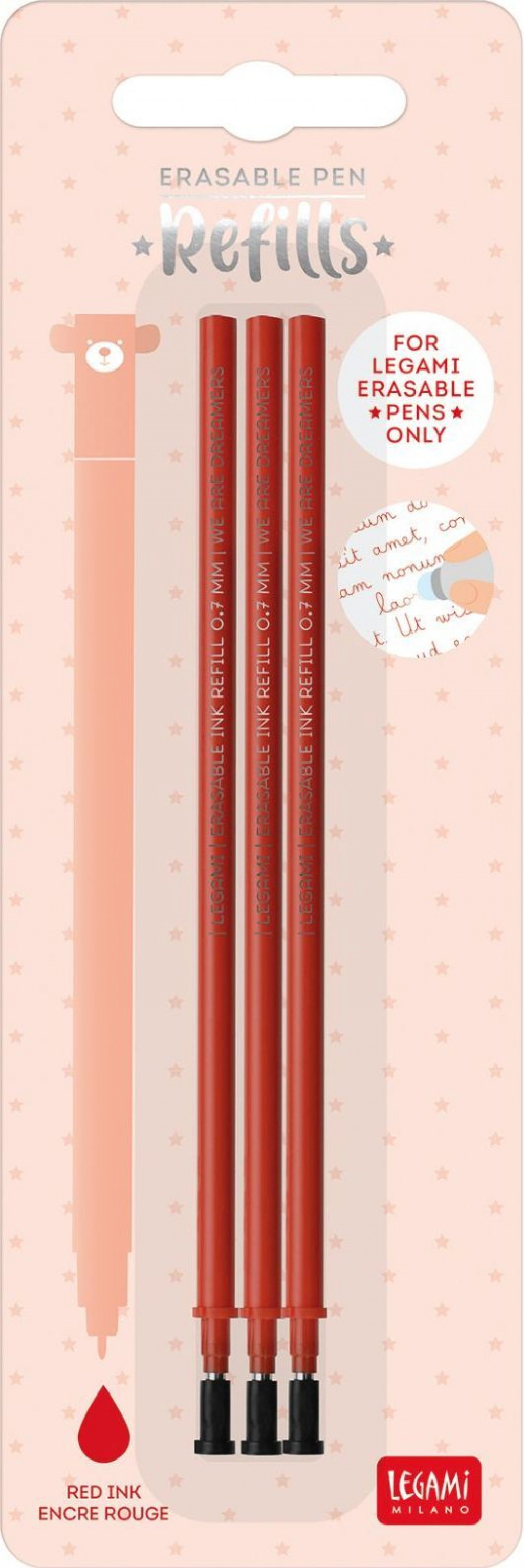 Legami Set náplní do gumovateľných pier Legami Refill Erasable Pen - Red - Pack 3 pcs