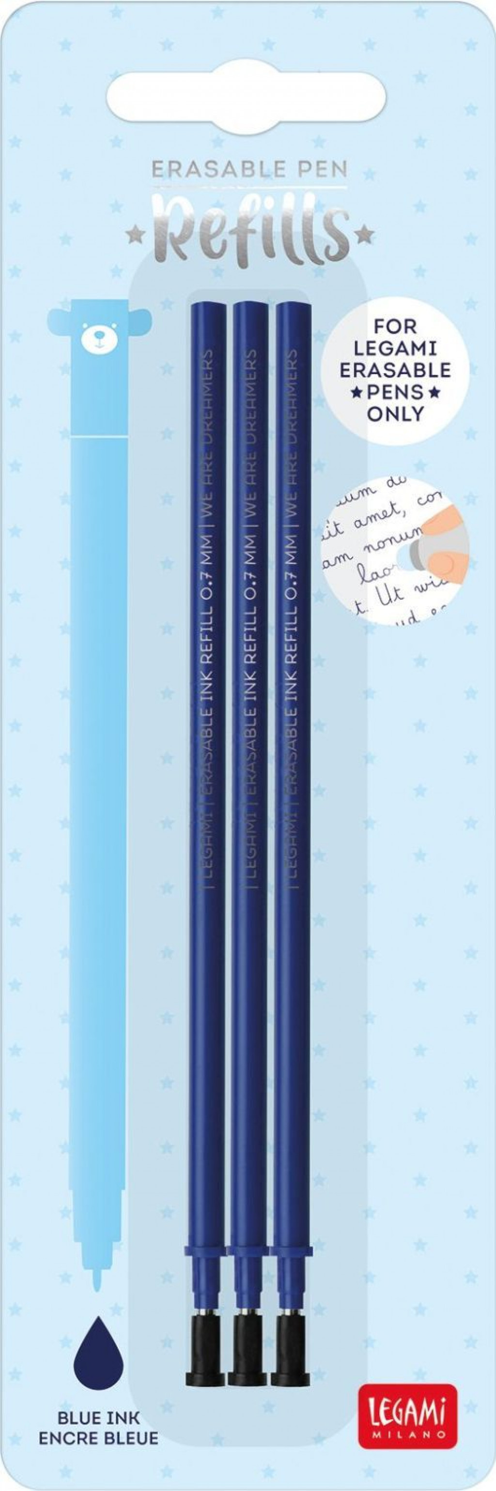 Legami Set náplní do gumovateľných pier Legami Refill Erasable Pen - Blue - Pack 3 pcs