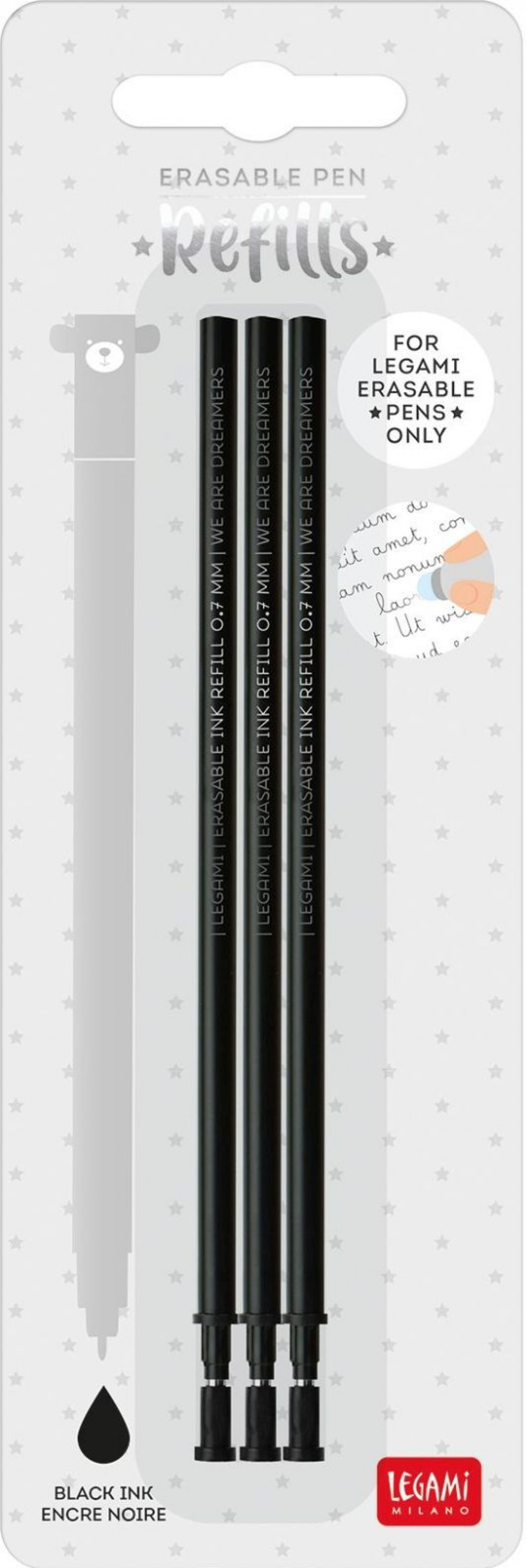 Legami Set náplní do gumovateľných pier Legami Refill Erasable Pen - Black - Pack 3 pcs