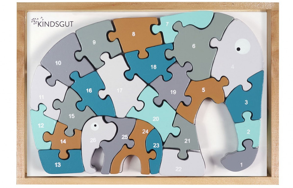 KINDSGUT Drevené puzzle s číslami slon