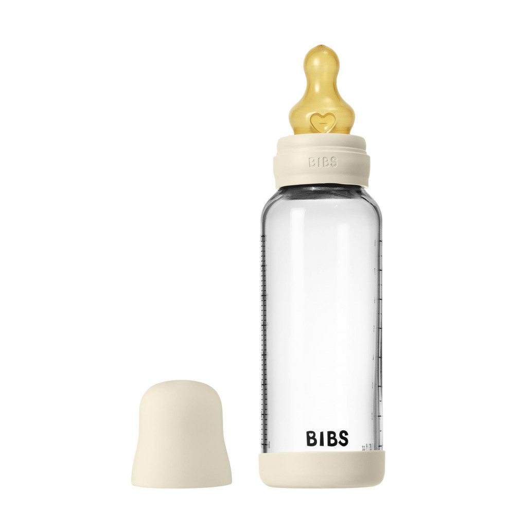 BIBS Antikoliková sklenená fľaša s kaučukovým cumlíkom 240ml (Ivory)