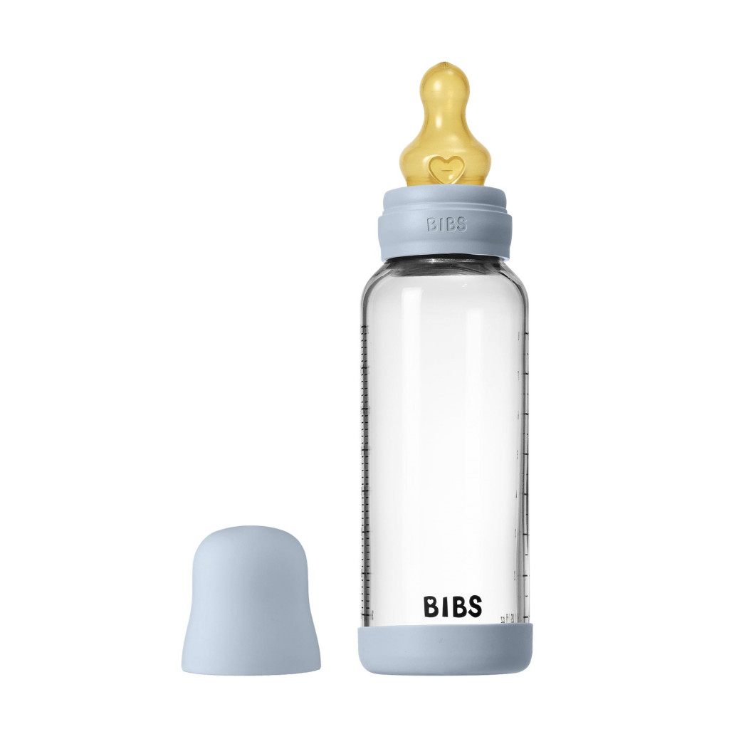 BIBS Antikoliková sklenená fľaša s kaučukovým cumlíkom 240ml (Baby Blue)