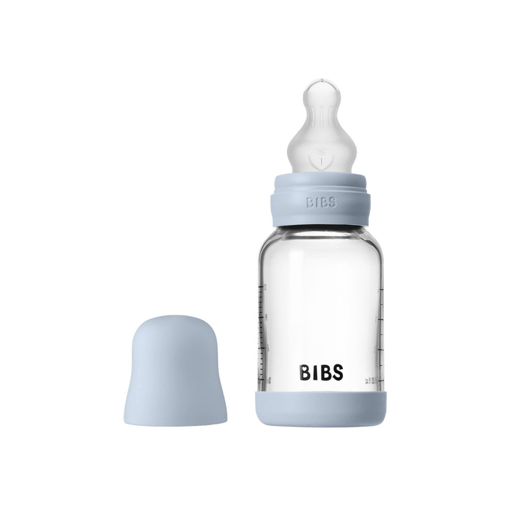 BIBS Antikoliková sklenená fľaša so silikónovým cumlíkom 120ml (Baby Blue)