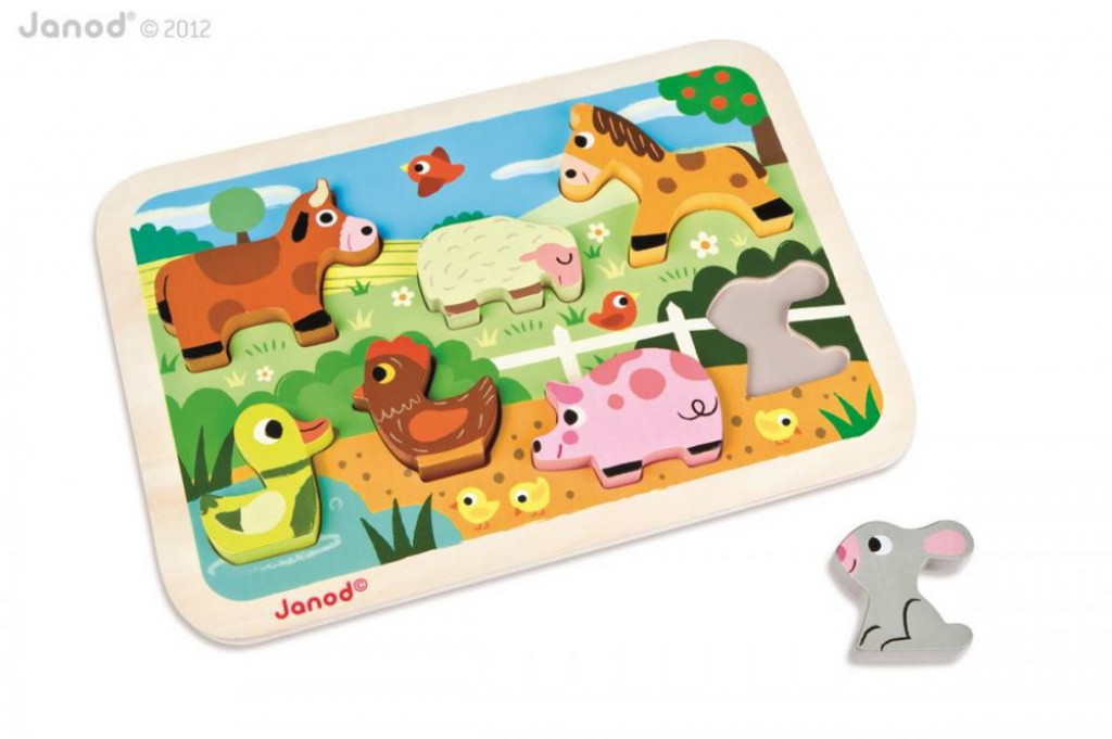 Janod Drevené vkladacie puzzle pre najmenších Farma Chunky od 1 roka 7 dielov