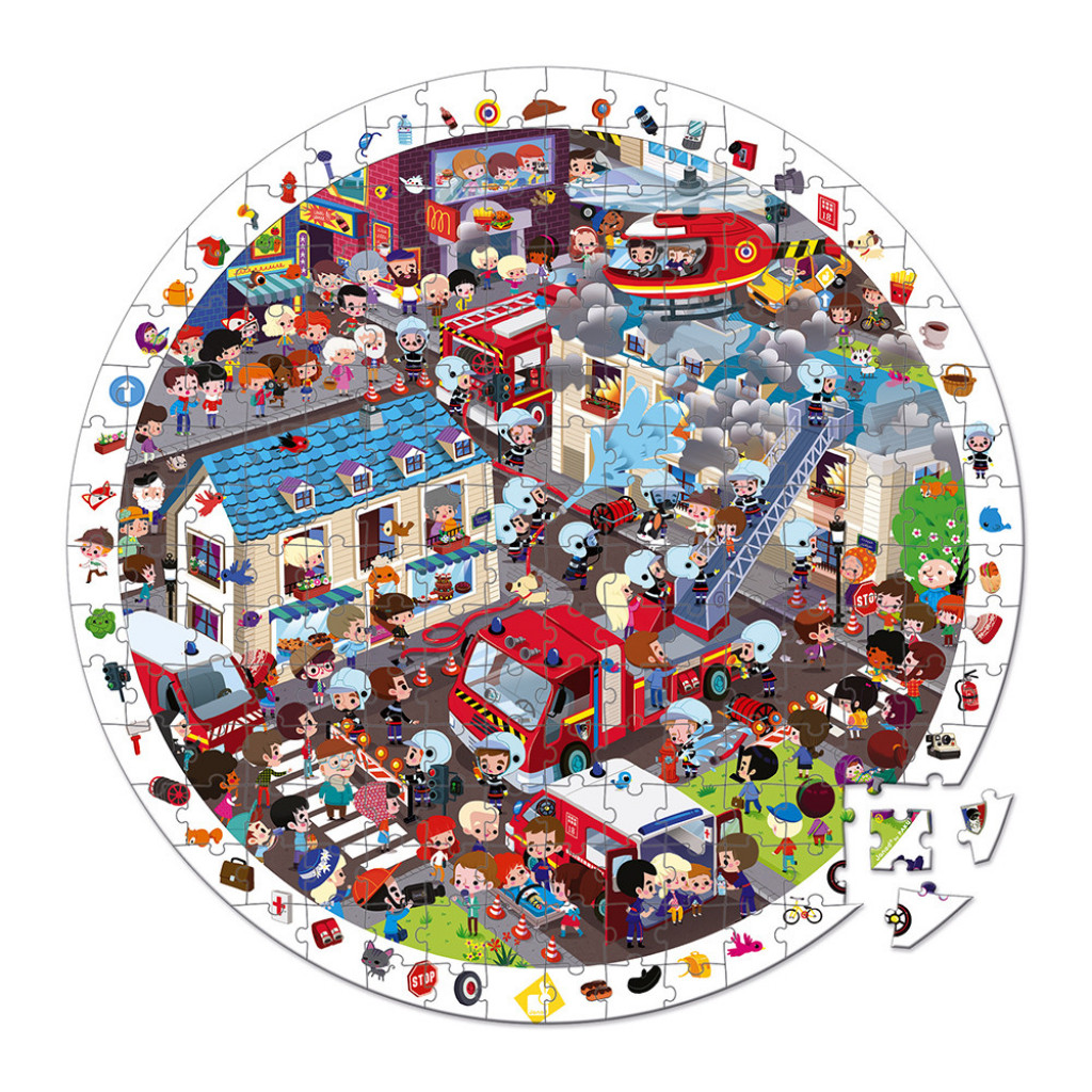 Janod Detské okrúhle puzzle s hrou Požiarnici v kufríku 208 dielov