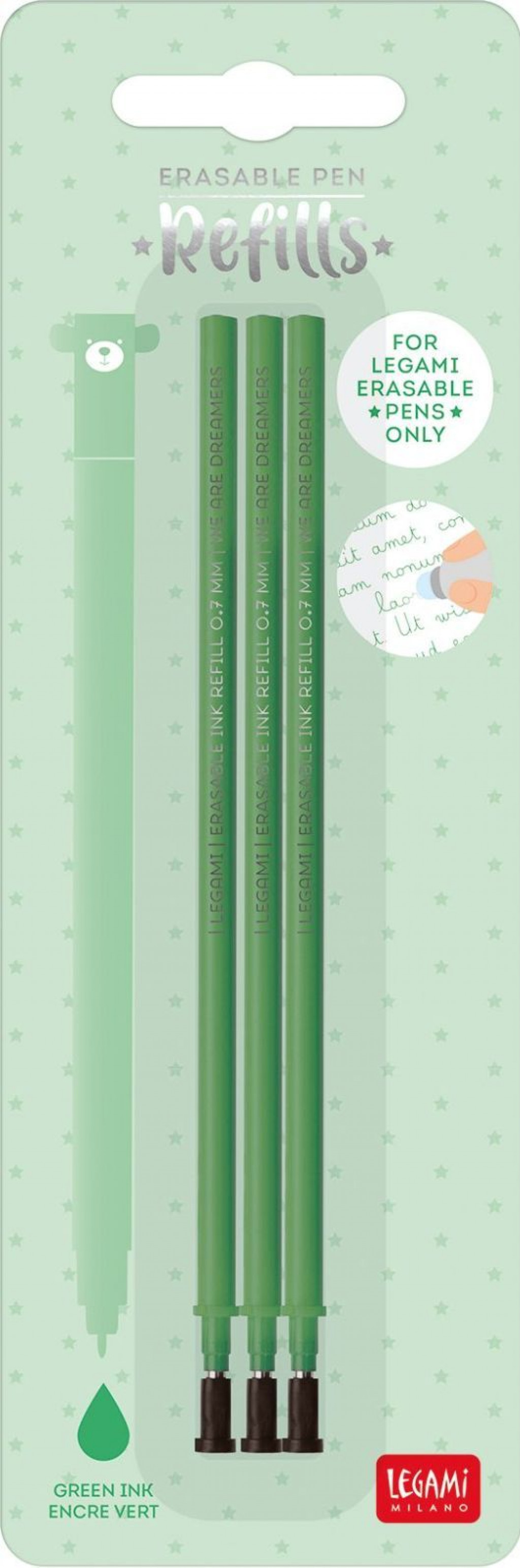 Legami Set náplní do gumovateľných pier Legami Refill Erasable Pen - Green - Pack 3 pcs