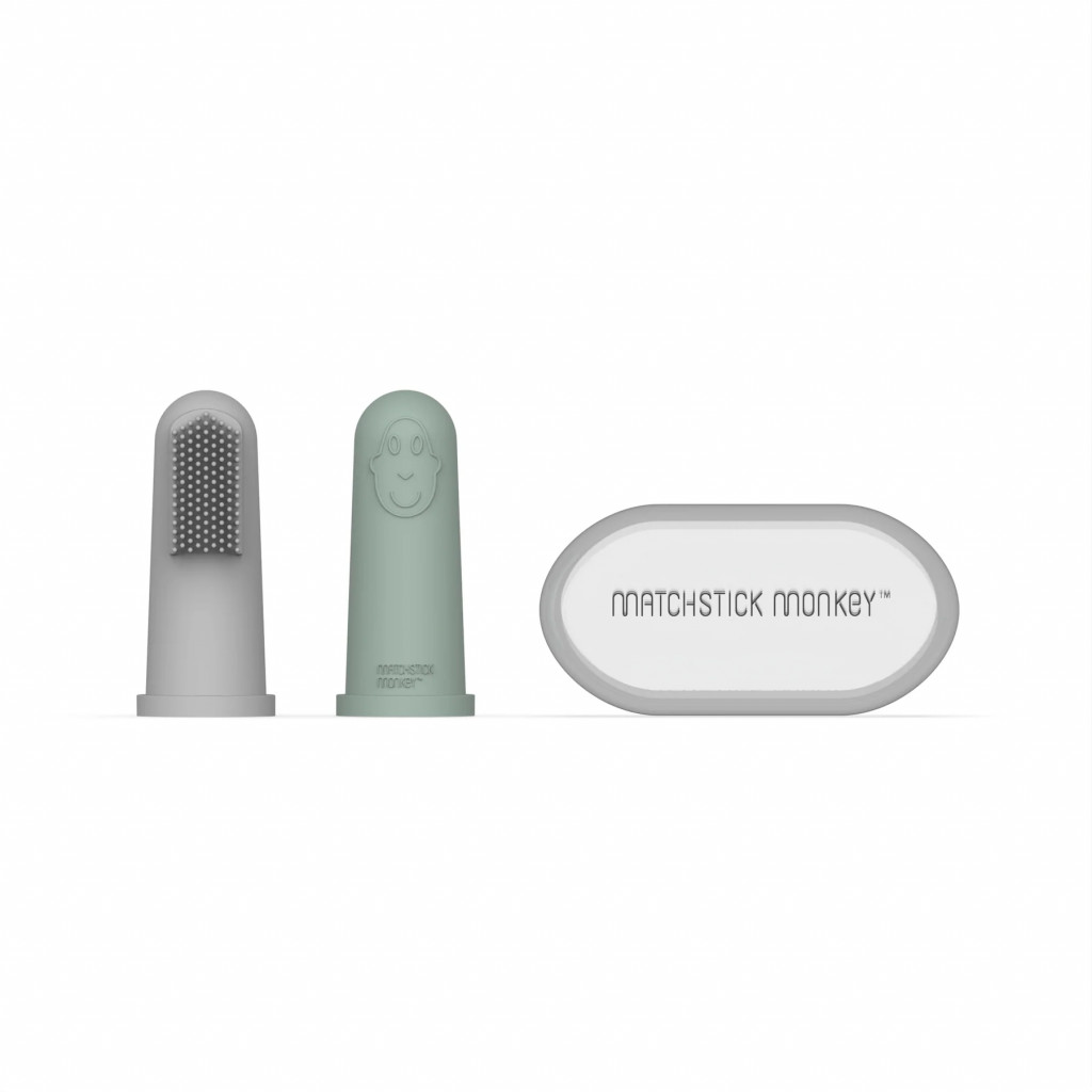 Matchstick Monkey Silikónové zubné kefky na prst s puzdrom - grey and mint green