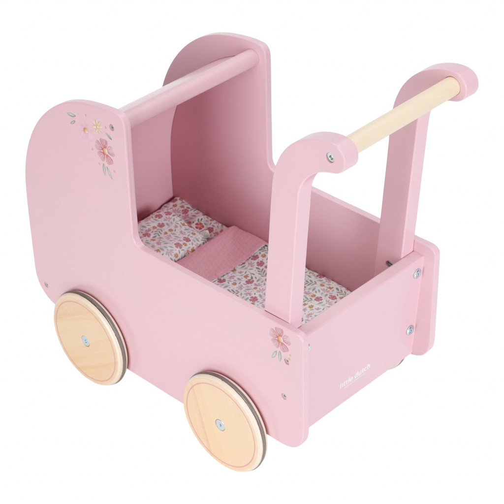 Little Dutch Kočárek pro panenky dřevěný s peřinkou Pink