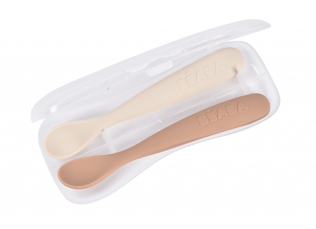 Beaba Prvé lyžičky silikónové 2 ks s puzdrom Clay Praline