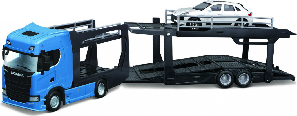 Bburago 2025online Bburago 1:43  Kamion Multicar Carrier Scania 770S Blue + Porsche Macan
