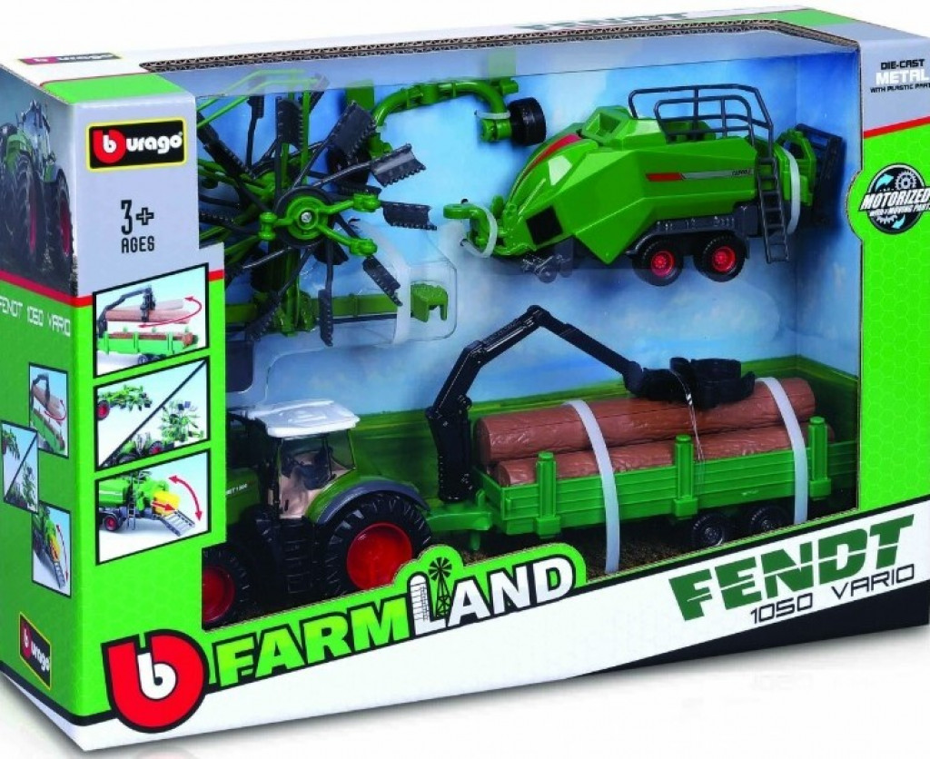 Bburago 2025new Bburago 10cm Farm tractor Gift Set - Fendt 1050 Vario with 3 trailers