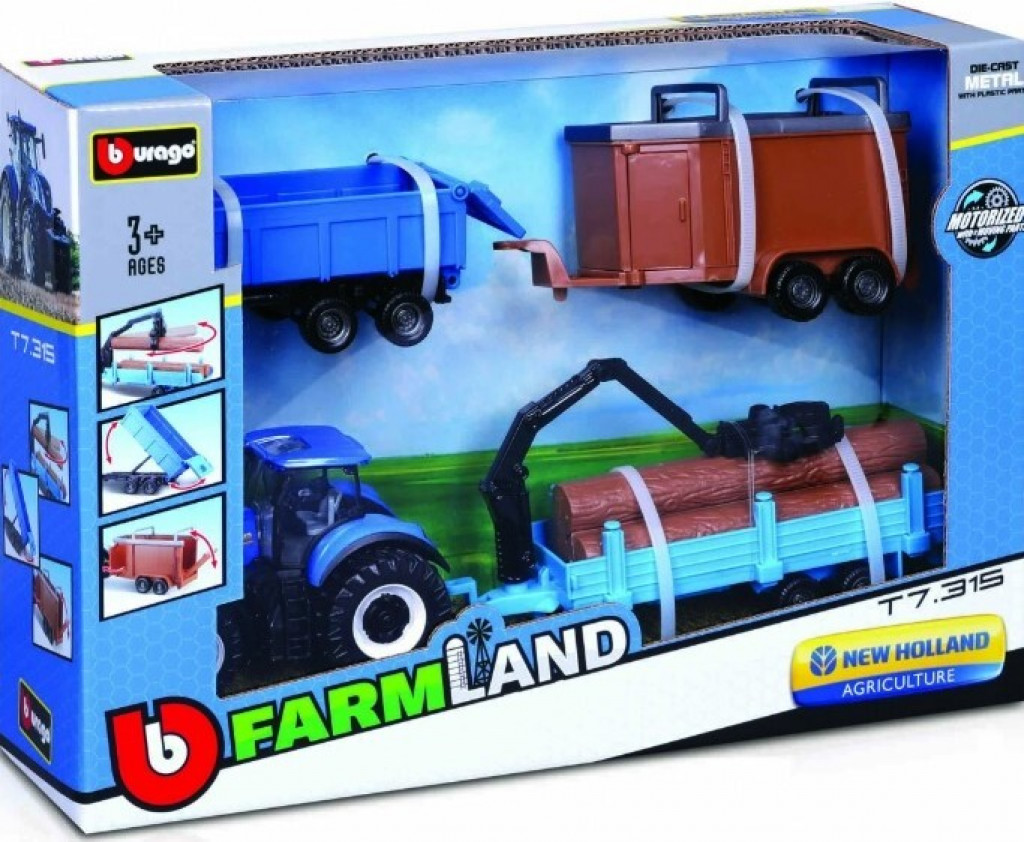 Bburago 2025new Bburago 10cm Farm tractor Gift Set - New Holland T7.315 HD with 3 trailers