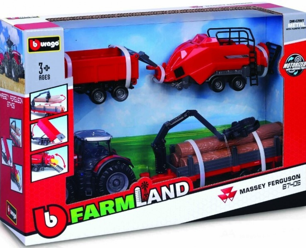 Bburago 2025new Bburago 10cm Farm tractor Gift Set - Massey Ferguson 8740S with 3 trailers