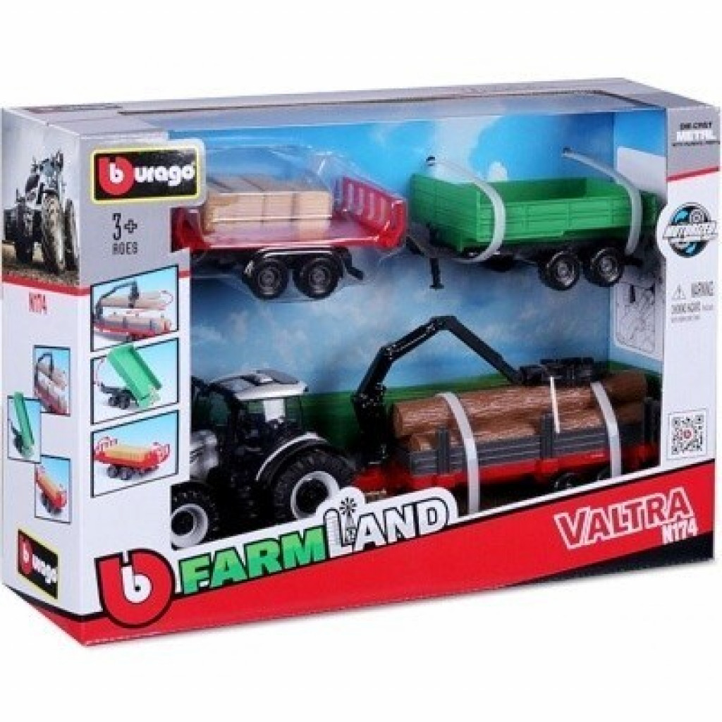 Bburago 2025new Bburago 10cm Farm tractor Gift Set - Valtra N174 with 3 trailers