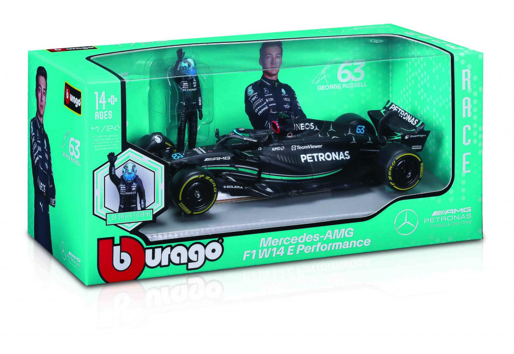 Bburago 2025new Bburago 1:24 RACE Formula F1 - Mercedes-AMG F1 W14 E (2023) #63 George Russell with driver