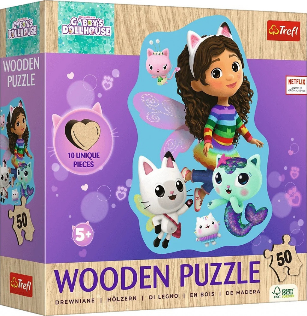 Trefl Trefl Drevené obrysové puzzle Gabby's Dollhouse: Veselá Gábinka 50 dielikov