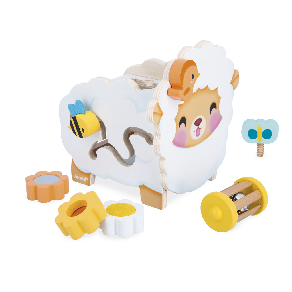 Janod Farma Drevená motorická hračka Ovečka s mnohými aktivitami