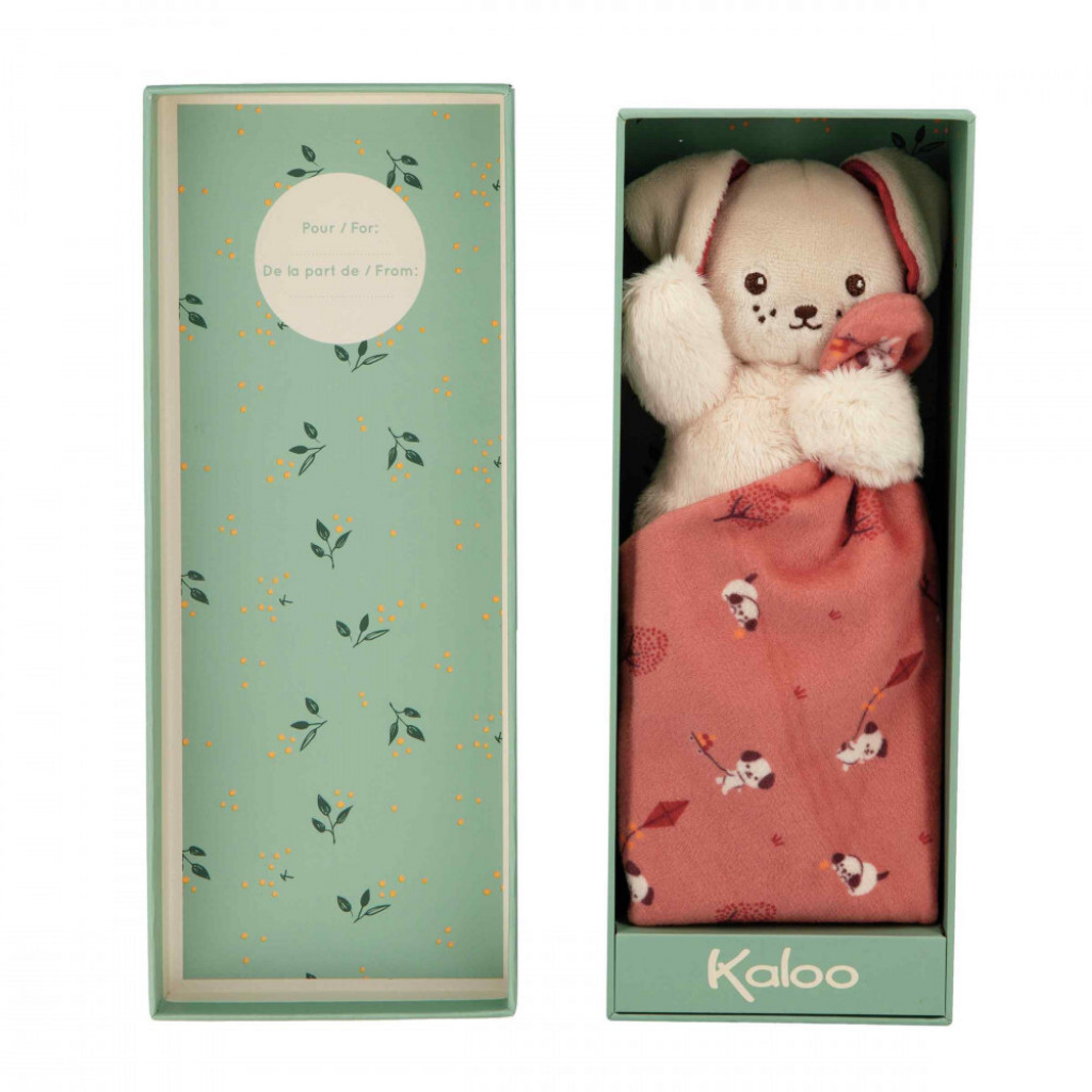 Kaloo Carre Douceur Plyšová hračka s látkovým mojkáčikom Psík červená