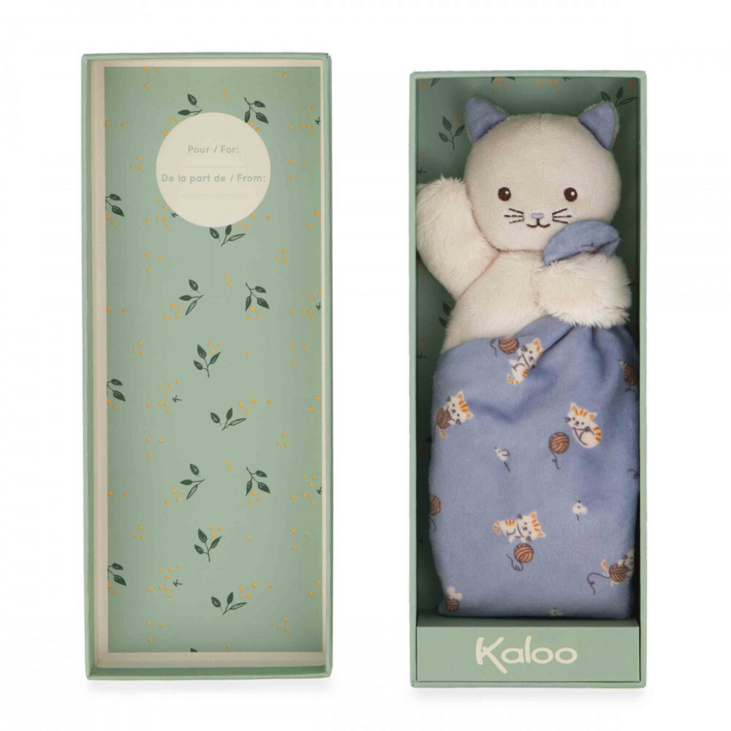 Kaloo Carre Douceur Plyšová hračka s látkovým mojkáčikom Mačička fialová