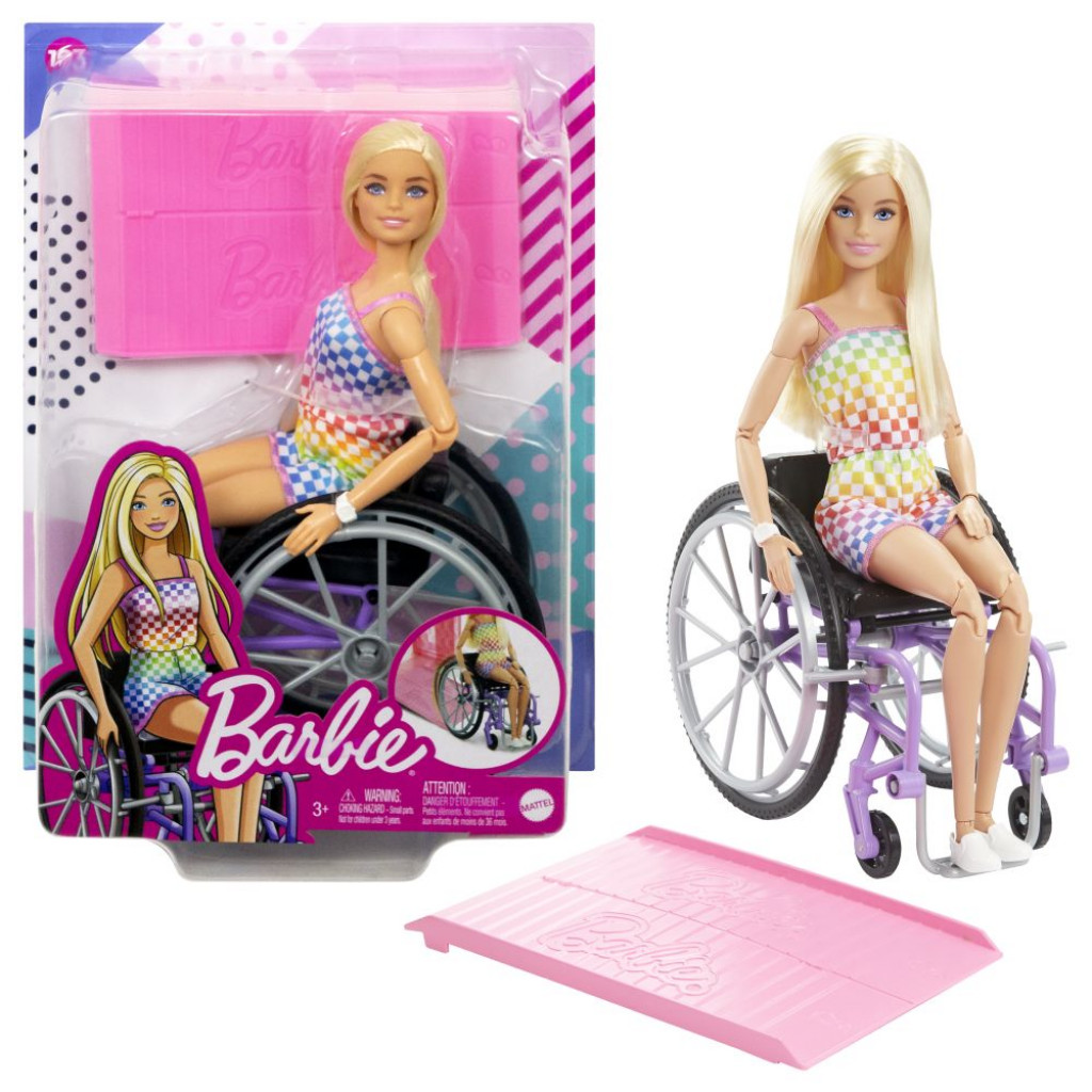 Mattel Barbie modelka na invalidnom vozíku v kockovanom overale 