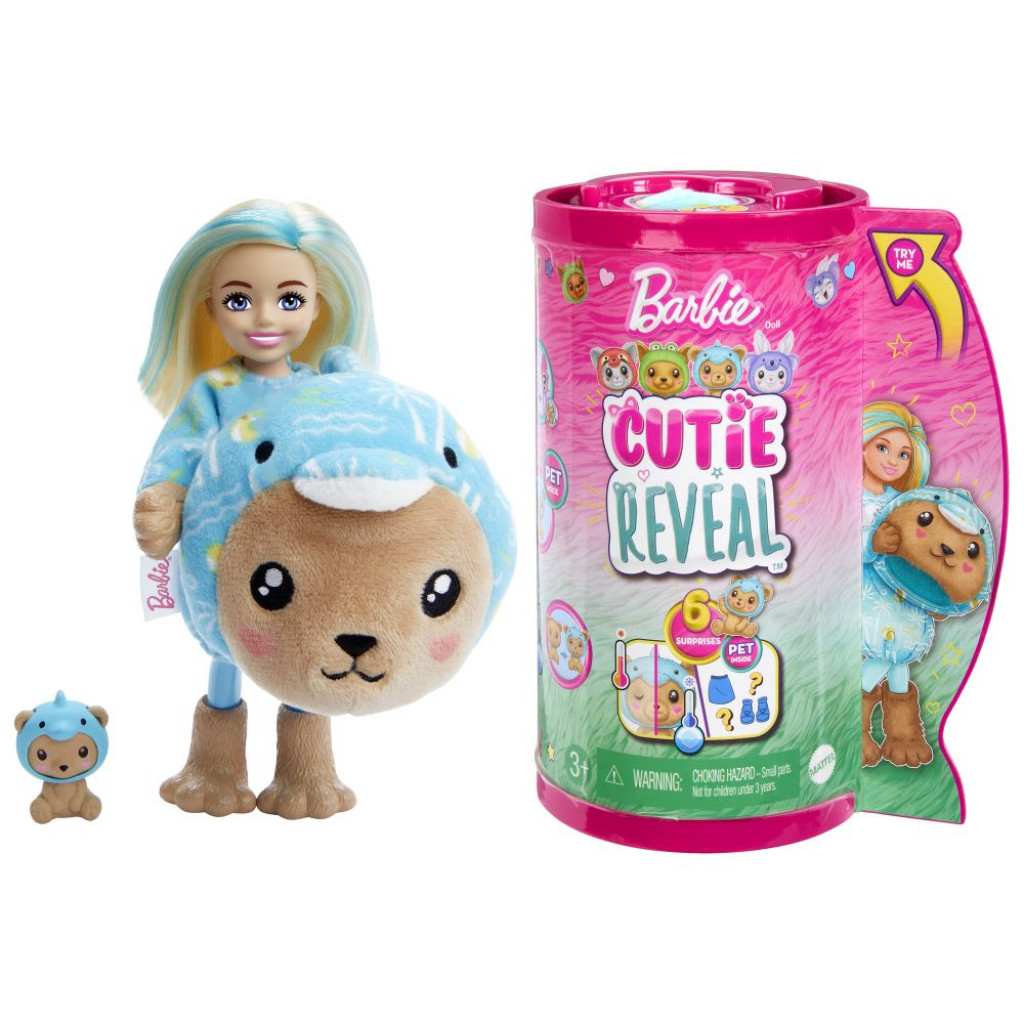 Mattel BRB CUTIE REVEAL CHELSEA V KOSTÝME - MACKO V MODROM KOSTÝME DELFÍNA