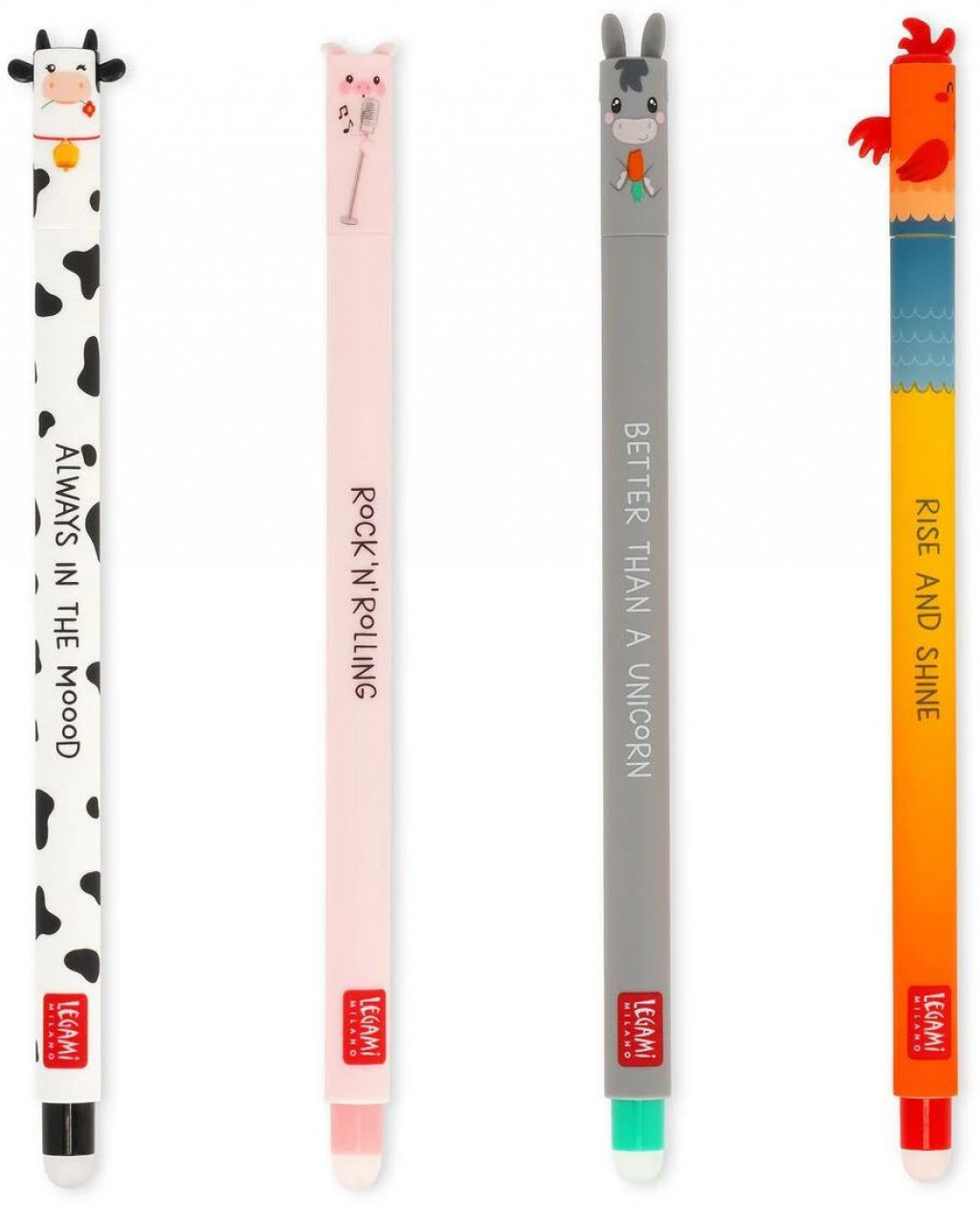 Legami Set 4 gumovacích pier Legami Farm Sweet Farm - Set Of 4 Erasable Gel Pens - Cow + Piggy + Donkey + Rooster - 0,7 mm - Black/Pi