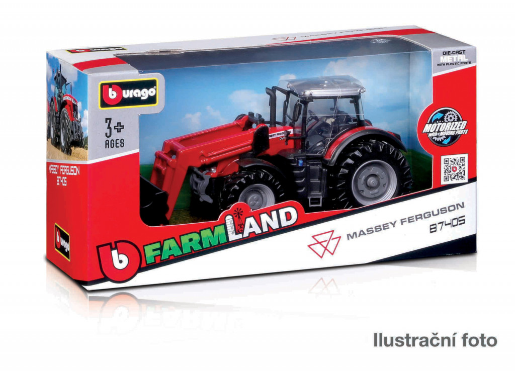 Bburago Bburago - FarmLand, Traktor s predným nakladačom na zotrvačník, 10cm, assort