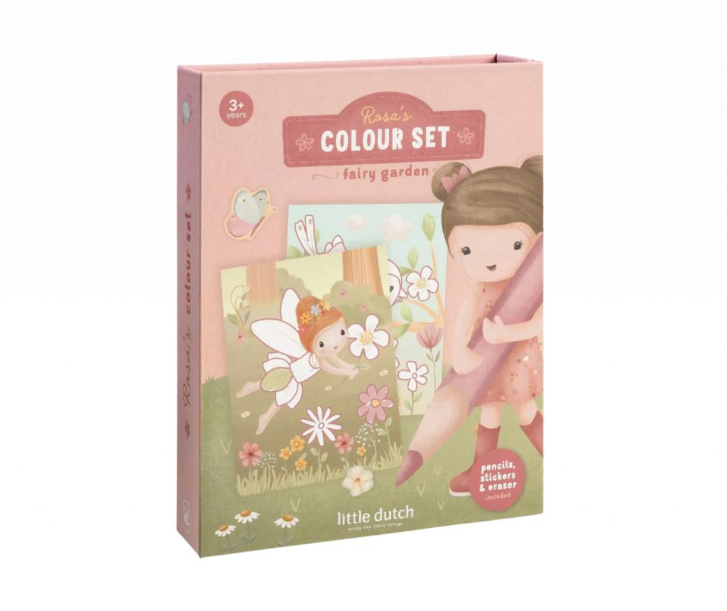 Little Dutch Omaľovánky s pastelkami a samolepkami Rosa Fairy Garden