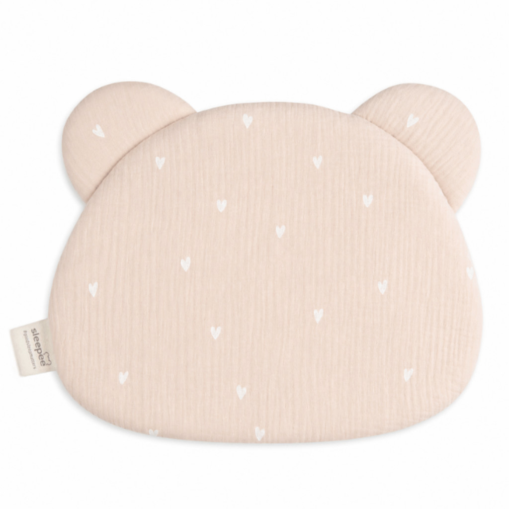 Sleepee Mušelínový plochý polštář Teddy Bear Sleepee Love béžový se srdíčky