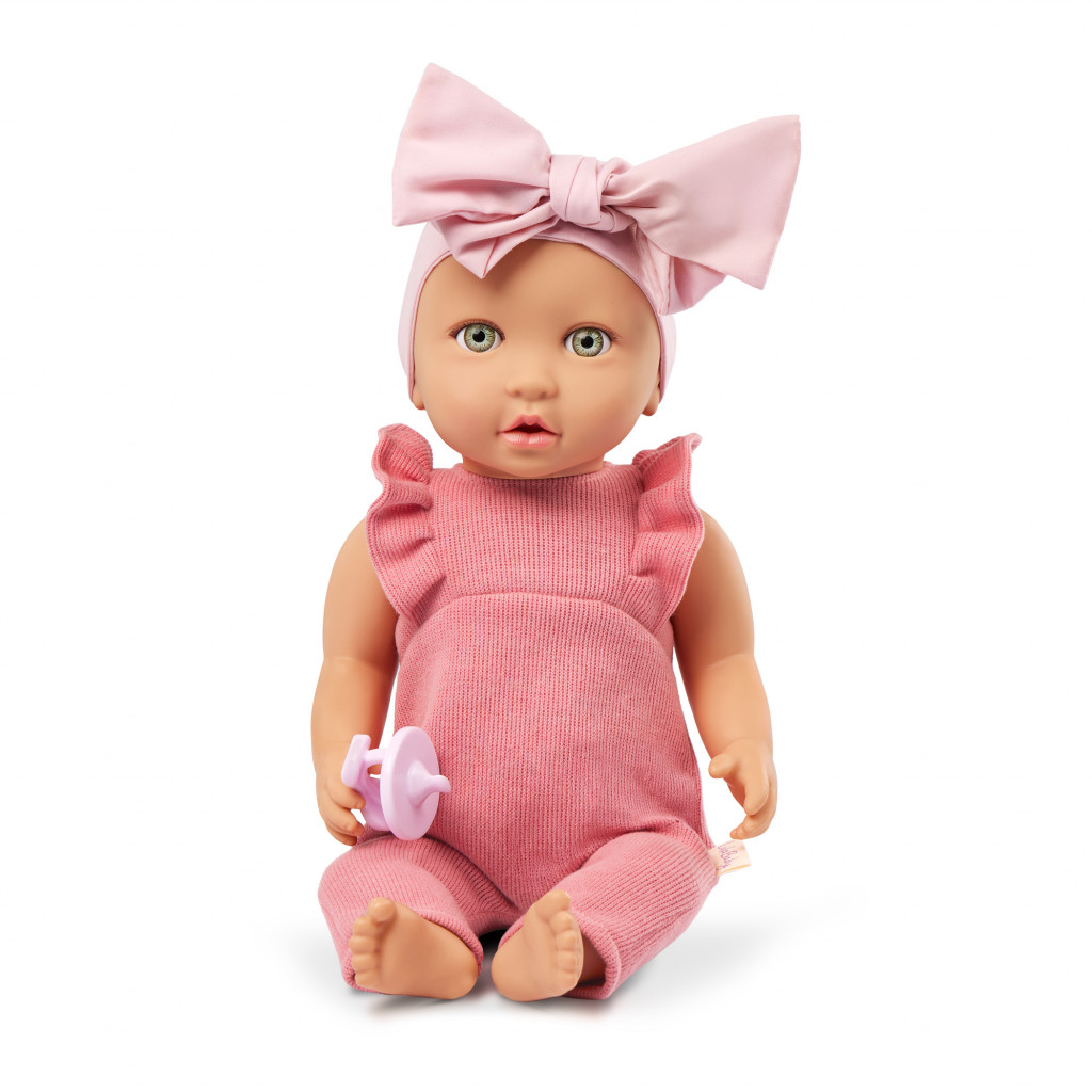 LullaBaby Bábika 35 cm v overale s čelenkou Lila