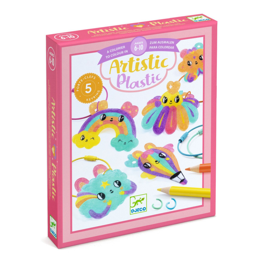 DJECO Artistic Plastic: Kawaii prívesky na kľúče z magického plastu na vyfarbovanie (5ks)