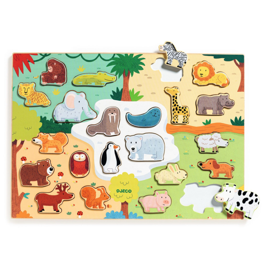 DJECO Zvieratká sveta: drevené edukačné puzzle