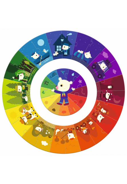 Farebný kruh: puzzle obrovské kruhové, 24 dielov a puzzle kruhové malé, 13 dielov DJECO