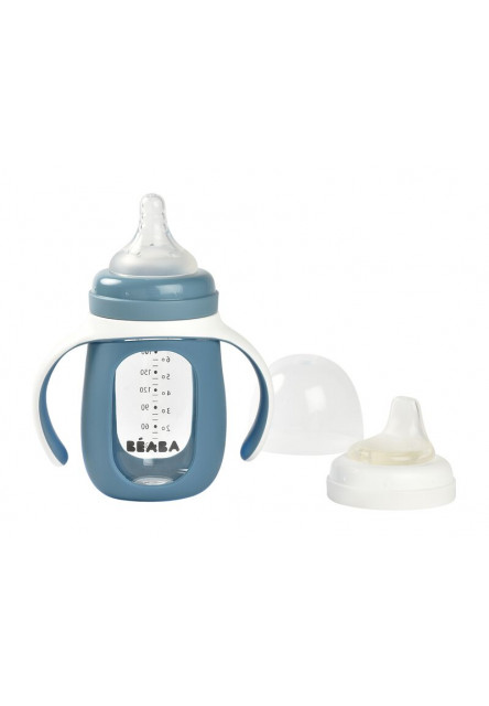 Dojčenská fľaša sklenená 2v1 210ml so silikónovou ochranou Blue Beaba