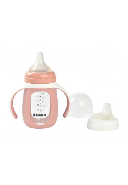 Dojčenská fľaša sklenená 2v1 210ml so silikónovou ochranou Pink Beaba