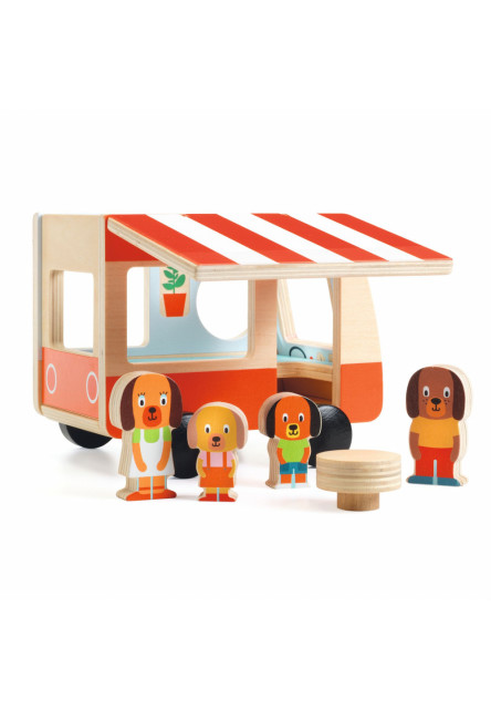 Minicombi: karavan mini drevený; vyklápacia strecha, 4 figúrky, stolík (Baby color) DJECO