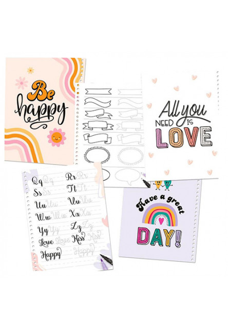 Omaľovánka  Hand Lettering Set, 4 ks písacích potrieb, šablóna